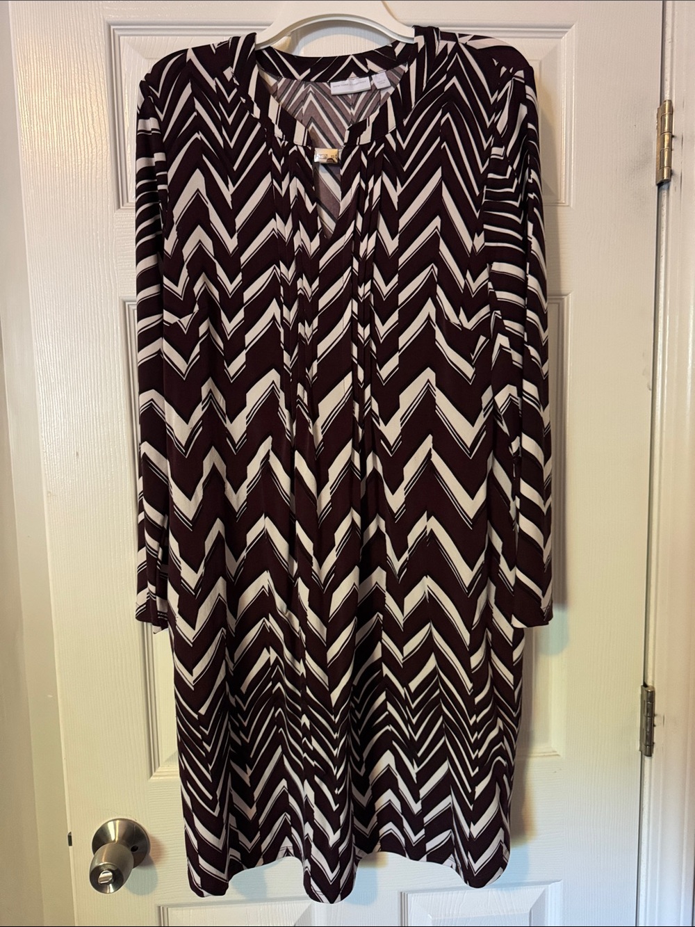 New York & Company Chevron Long-Sleeve Dress in Maroon and Cream